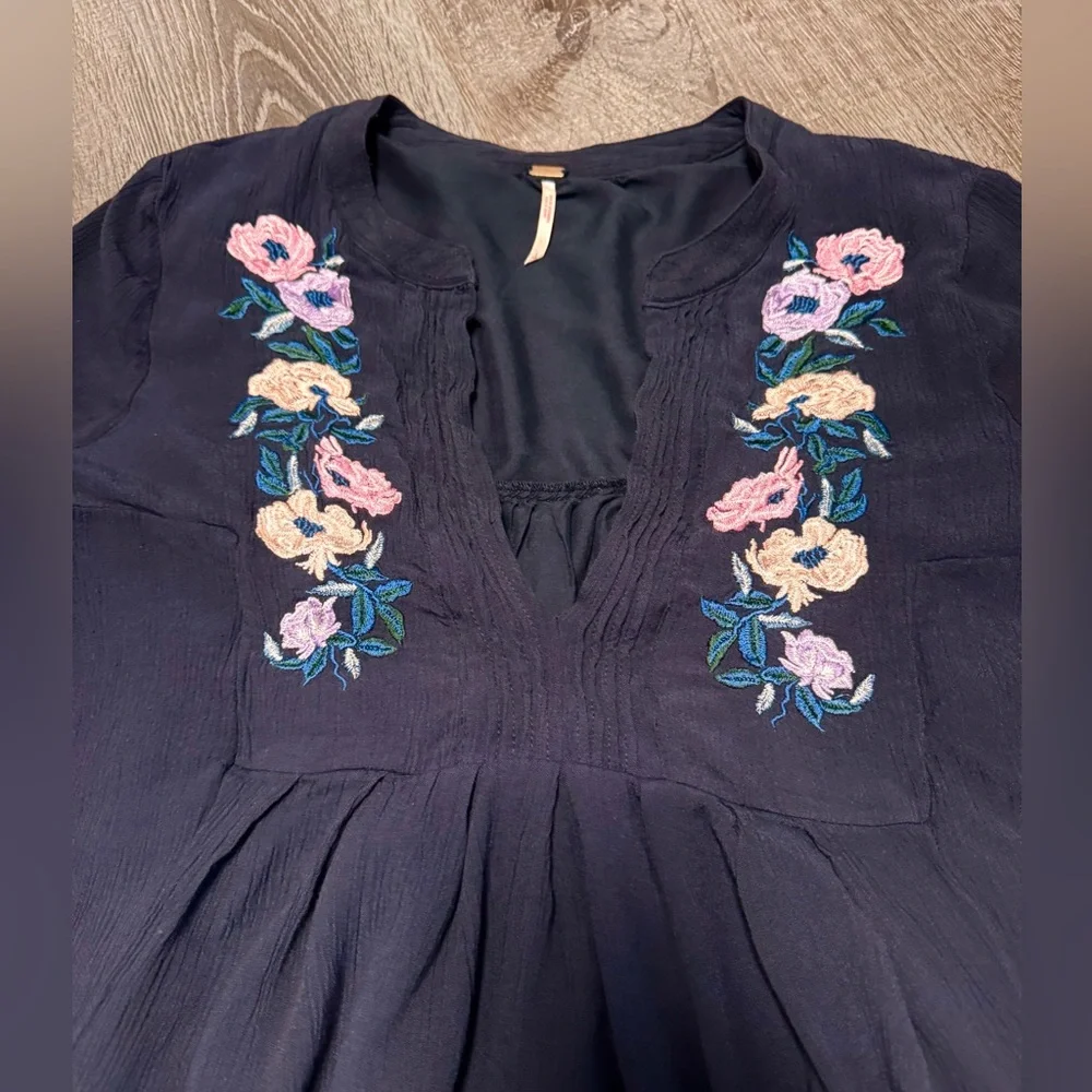 Free People Mia Gauze Dress Mini Embroidered Boho Festival Fairy Goth.  Sz L EUC